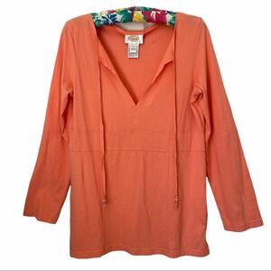 Talbots Tangerine 100% Cotton Beaded Tie Neck Long Sleeve Tunic size Small